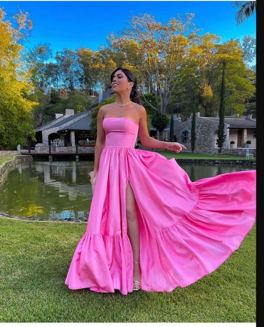 Strapless Pink A Line Prom Dress Satin Graduation Dress 2261