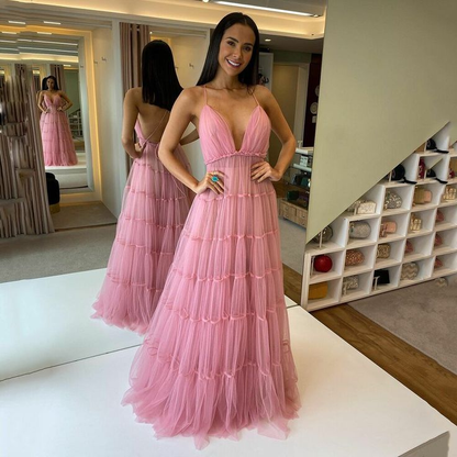 A-Linie Tüll Rosa formelles Abschlussballkleid Abschlusskleid 2182