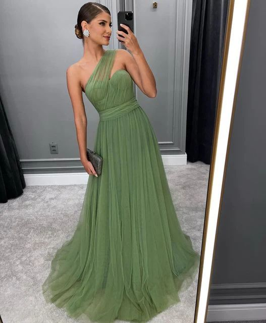 Green Long A Line Prom Dress Tulle Bridesmaid Dress 2367