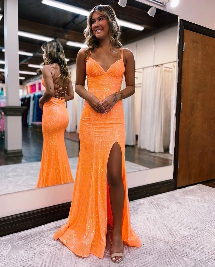 Orange Mermaid V Neck Sequins Long Prom Dresses Evening Dress With Slit 2199