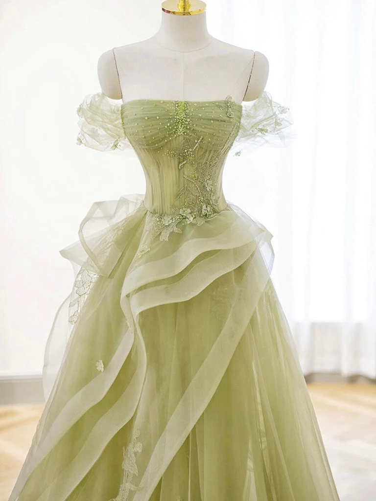 A Line Off Shoulder Green Tulle Long Prom Dress 2406