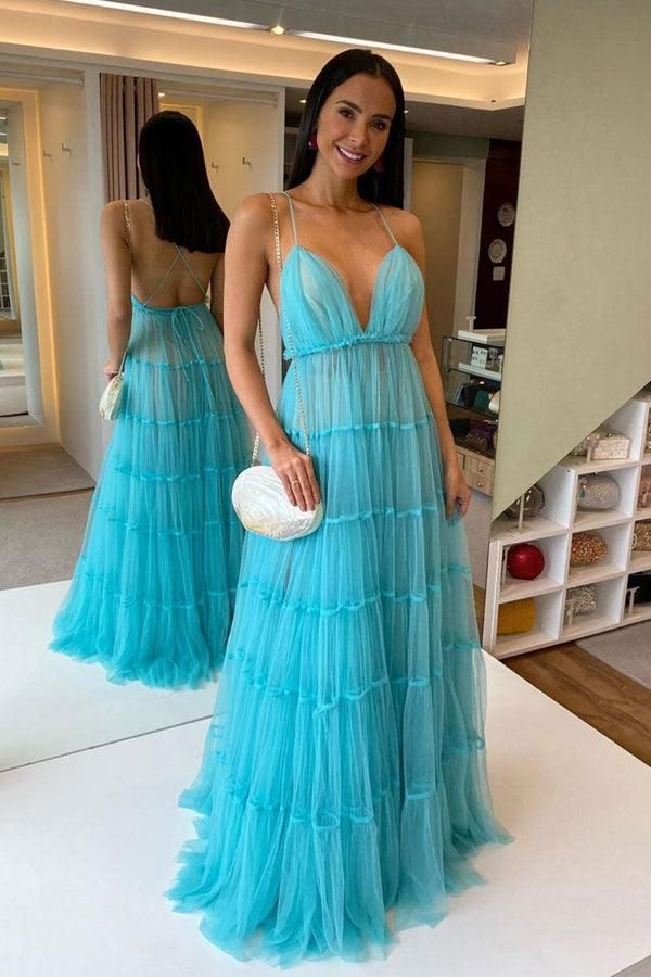 Spaghetti Straps Blue A Line Prom Dress Formal Tulle Evening Prom Gown 2157