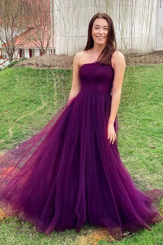 Dark Purple One Shoulder Pleated Tulle A Line Long Prom Dress 2289