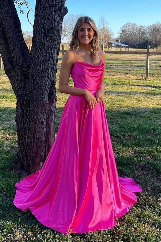 Spaghetti Straps Hot Pink Long Prom Dress A Line Senior Dress 2128