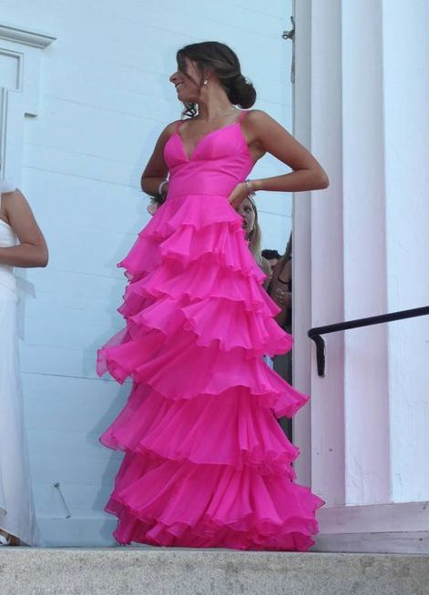 Spaghetti Straps Hot Pink A Line Layered Prom Dress Senior Prom Gown  2151