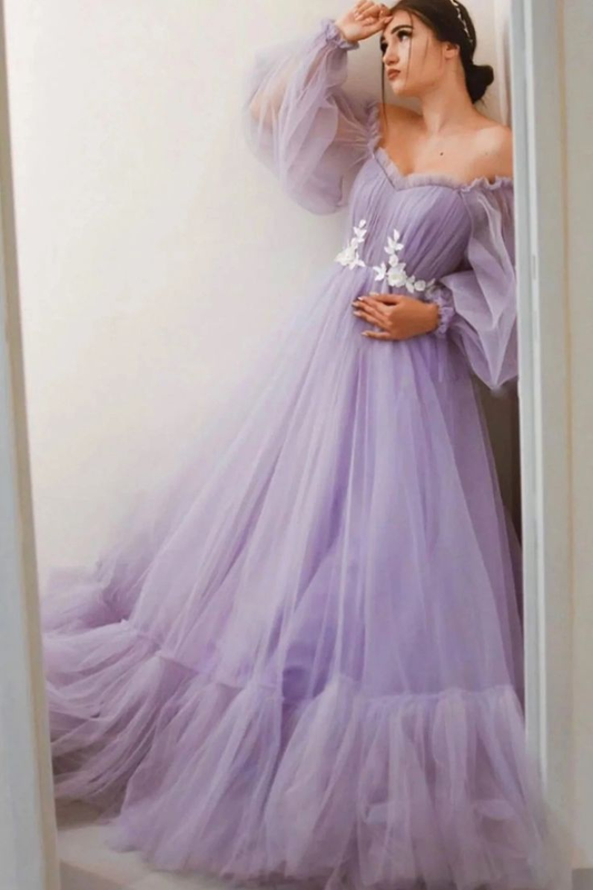 Lilac A Line Tulle Long Prom Dresses Off The Shoulder Formal Evening 2369