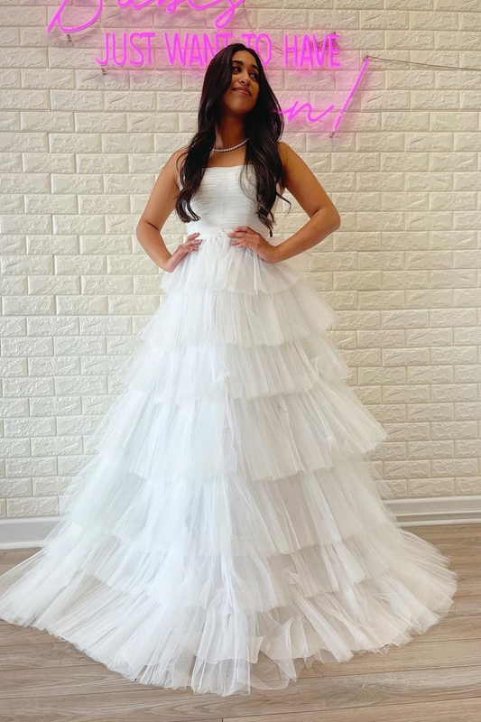 Strapless A-Line Tulle Prom Dresses White Layered Wedding Dress 2116