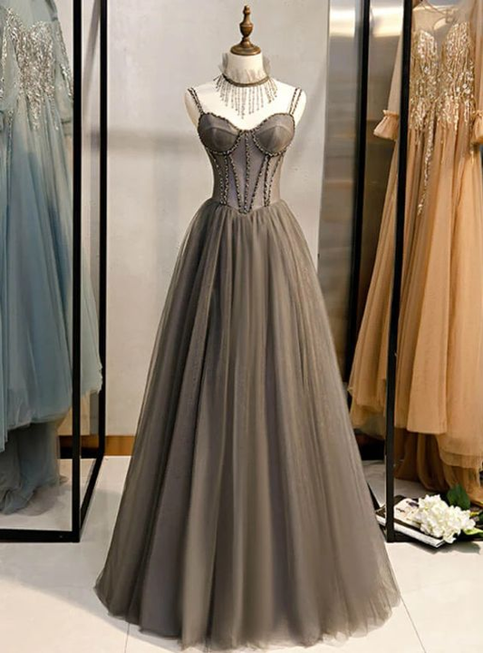 Grey A Line Tulle Long Prom Dress Formal Evening Gown 2308