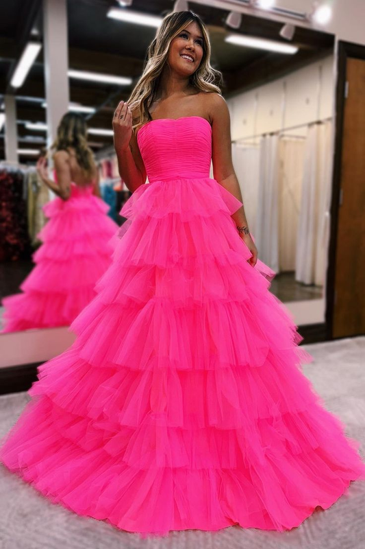 Strapless A-Line Tulle Prom Dresses Hot Pink Layered Evening Gowns 2112