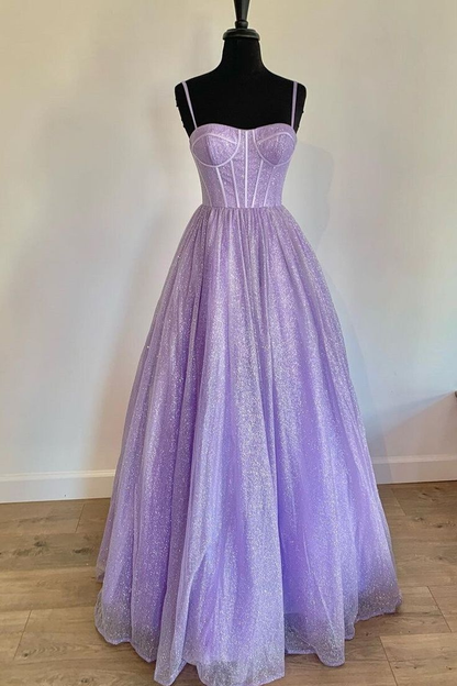 Helllila langes Ballkleid mit Spaghettiträgern, glitzerndes Seniorenkleid in A-Linie 2129