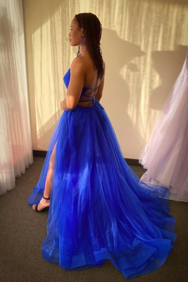 Blue V Neck Tulle Long Prom Dress A Line Evening Dress 2302