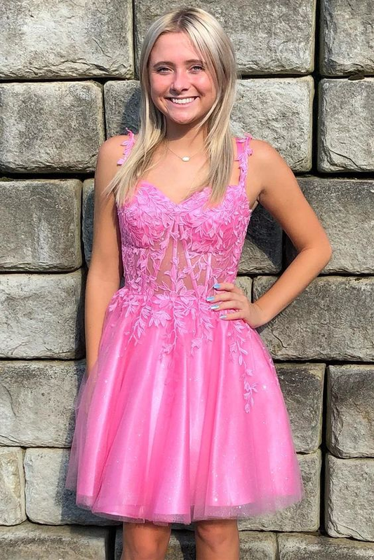 Pink Tulle A Line Homecoming Dress Short Formal Dresses With Appliques 2322