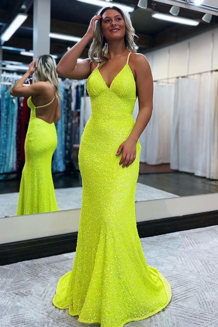 Mermaid Spaghetti Straps Bright Green Sequins Long Prom Dress 2207