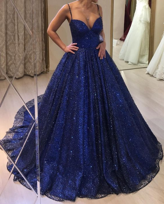 Spaghetti Straps Blue A Line Prom Dress Shining Formal Evening Dress 2161