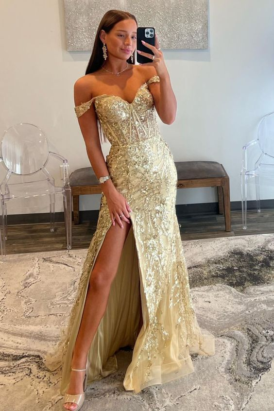 Off The Shoulder Gold Sequins Mermaid Prom Dress With Slit 2299