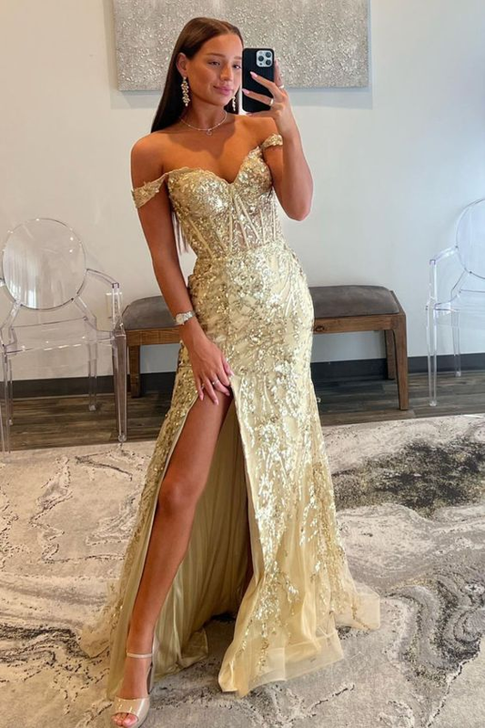 Off The Shoulder Gold Sequins Mermaid Prom Dress With Slit 2299