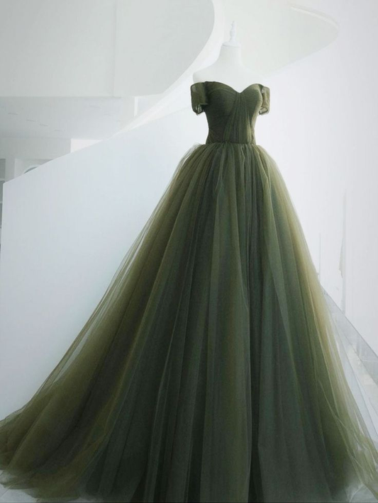 Off The Shoulder Green Long Prom Dress A Line Tulle Senior Dress 2133