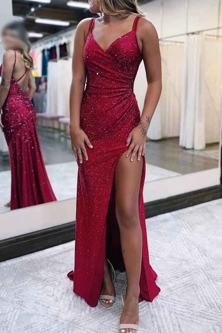 V Neck Sparkly Burgundy Long Prom Dress With Slit 2219 JulyProm V Neck Sparkly Burgundy Long Prom Dress With Slit 2219 JulyProm