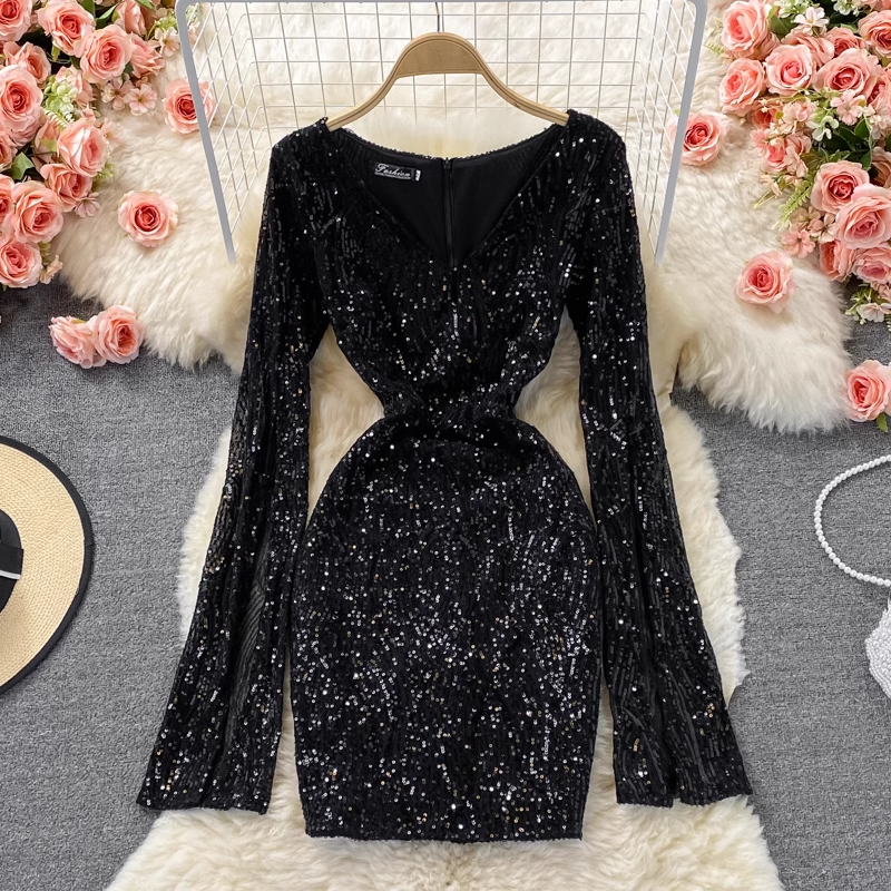 Autumn Sexy Sequined V-neck Short Dress Long-sleeved Sheath Dress 1763