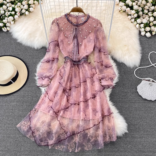 Spring Fairy Mid-length Round Neck Dress Beaded Lace Fall Dress 1768