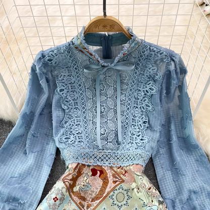 Spring Stand Collar Puff Long Sleeve Sheath Dress 1770