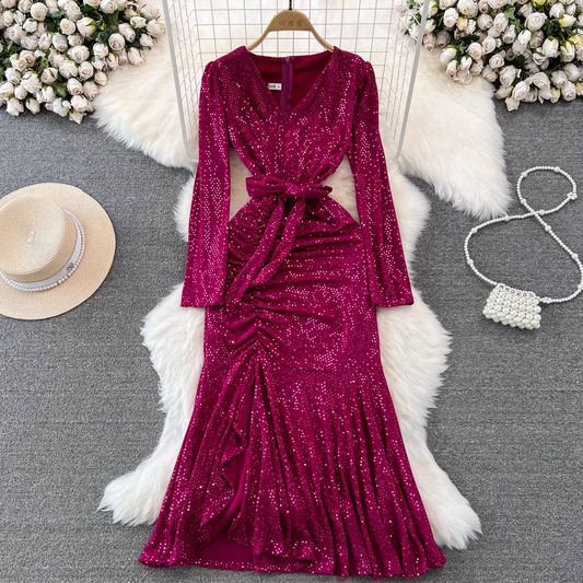 Long-sleeved V-neck Sequined Mermaid Dress Elegant Long Dress 1787