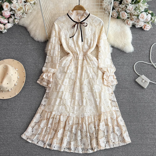 Elegant Long-sleeved A-line Ruffled Lace Dress 1786