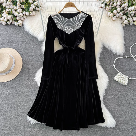 Long Sleeves Velvet Fall Dress Beaded Round Neck A Line  Elegant  Dress 1708