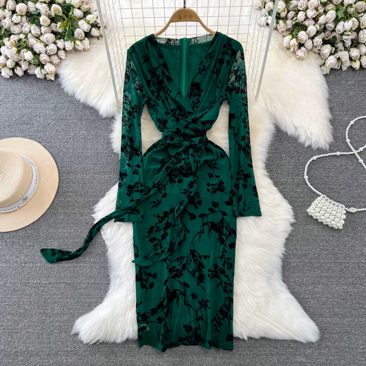 Long Sleeved V-neck Tie Mid-length A-line Printed Mesh Dress 1790