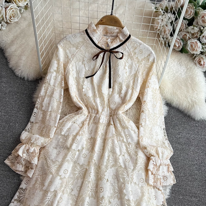 Elegant Long-sleeved A-line Ruffled Lace Dress 1786