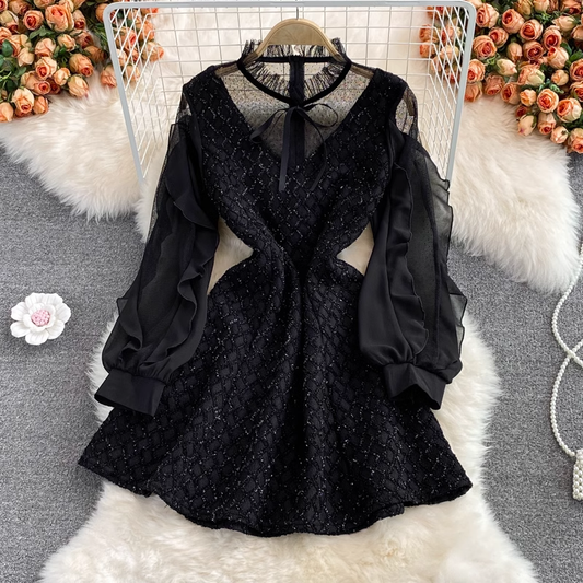 Ruffled Stand Collar Dress Autumn A Line Mesh Black Dress 1797