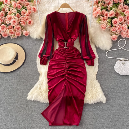 Autumn and Winter Sexy V-neck Velvet Slit Dress 1798