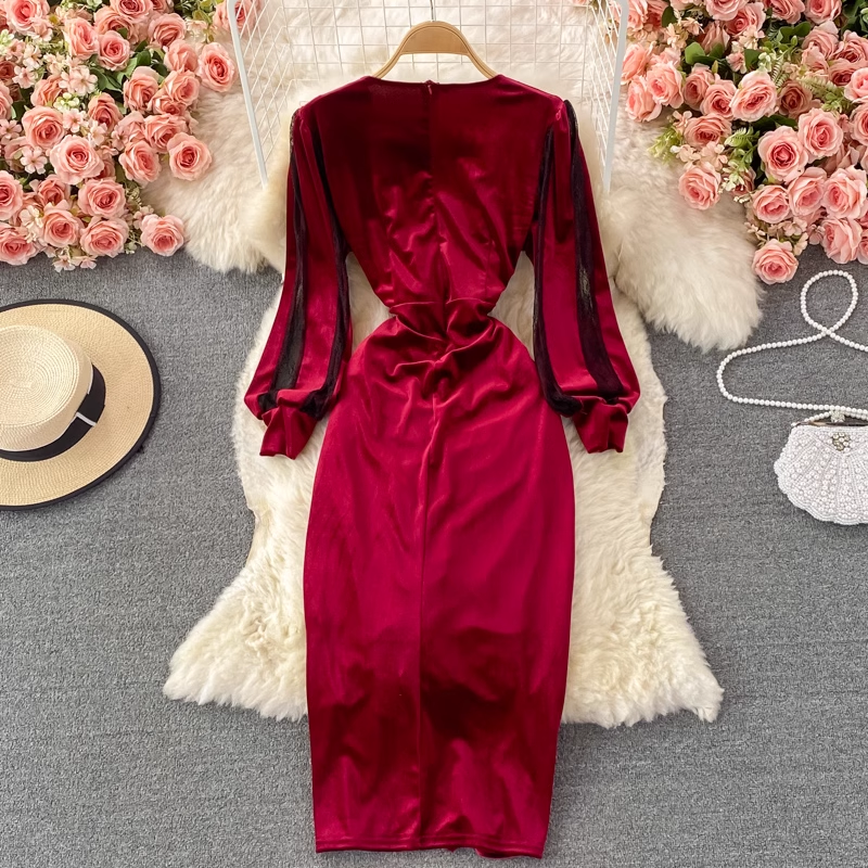 Autumn and Winter Sexy V-neck Velvet Slit Dress 1798