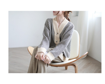 Retro Knitted Cardigan Striped V-neck Sweater Jacket 1834