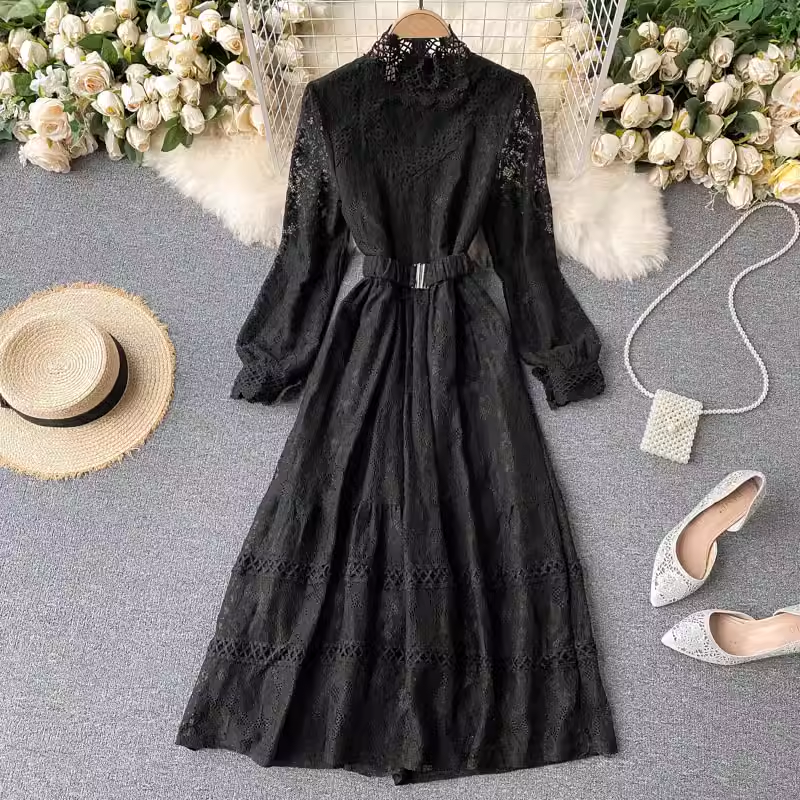 Sweet Autumn and Winter Hollow Lace Stand-up Collar Mid-length Fairy Dress 1802