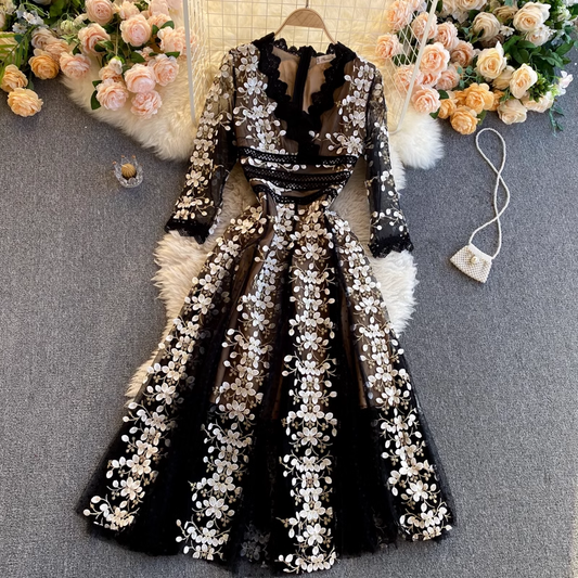 Embroidered Flower A Line Fall Dress Lace Collar Prom Dress 1803