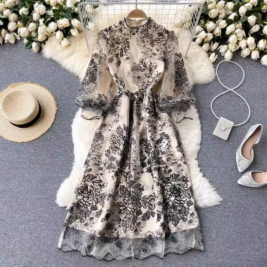 Embroidered Mesh Elegant Dress Long Sleeves Fall Dress 1805