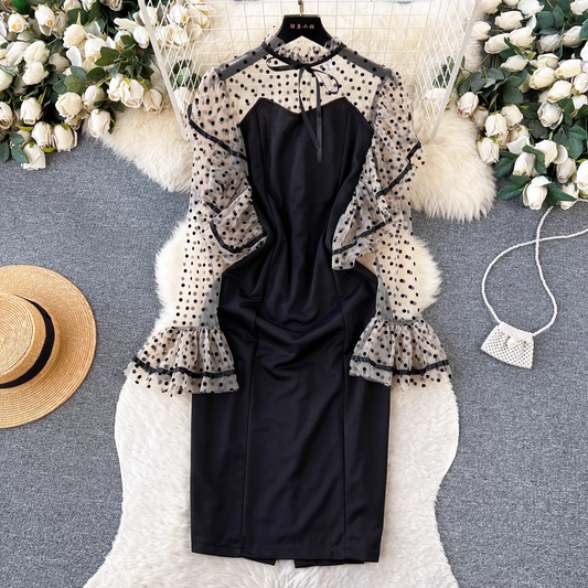 See-through Polka Dot Mesh Black Dress 1876