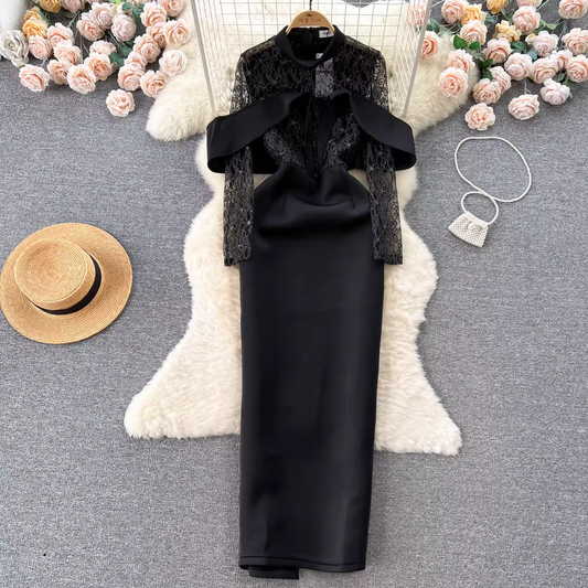 Back Sheath Prom Dress Elegant Lace Long Sleeve Dress 1862