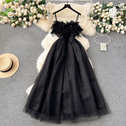 Retro Black Dress Feather Mesh Puffy Spaghetti Strap Long Dress 1884