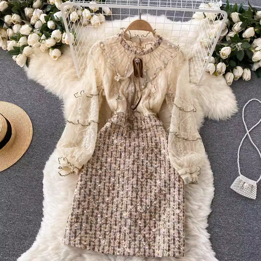 Designed Retro Beaded Lace Short Dress Sweet Longsleeves Dress 1809