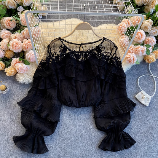 French See-through Mesh Lace Ruffled Puff Sleeve Chiffon Shirt 1868