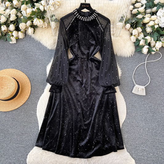 Black Velvet Beaded Dress Sequines  Elegant Dress 1875