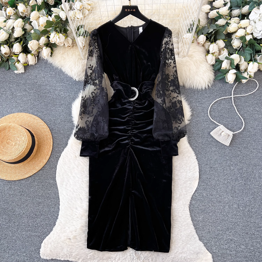 Mesh Lace Long Sleeve Dress Velvet Dress 1877