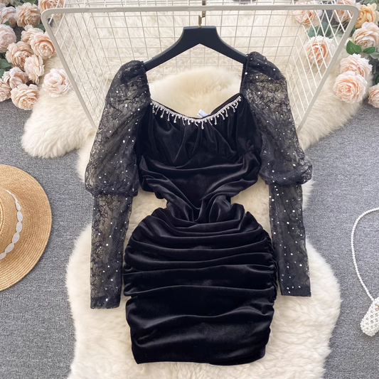 Date Dress Lace Puff Sleeve Velvet Dress 1881