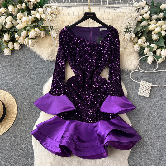 Purple Sequins Ruffled Prom Dress Long Sleeves Evening Gown 1865