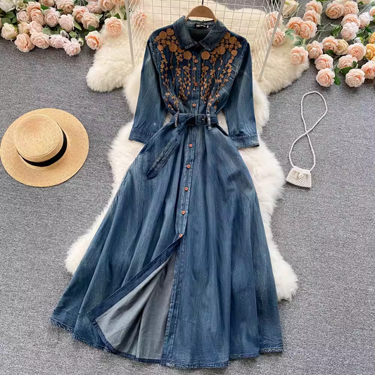 Retro Embroidered Long Denim Dress 1812