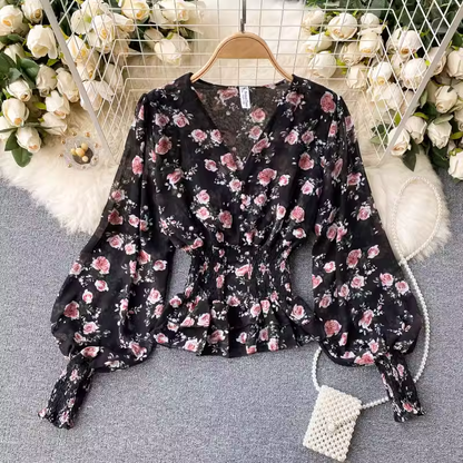 Chiffon Long-sleeved Shirt for Women Sweet V-neck Short Floral Top 1869