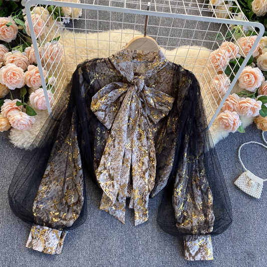 Mesh Lantern Sleeve Retro Snakeskin Pattern Shirt Women's Top 1867