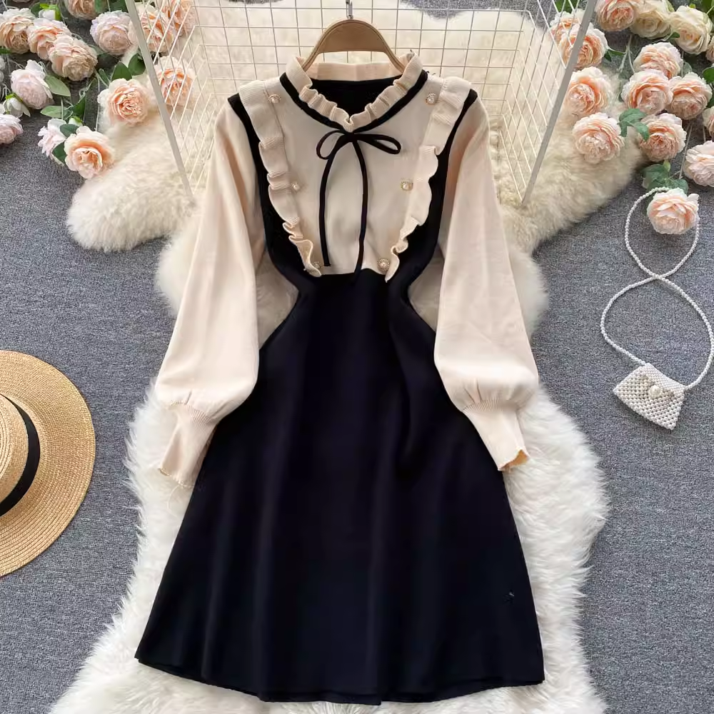 Sweet Ruffled Knitted Long Sleeve Dress 1856